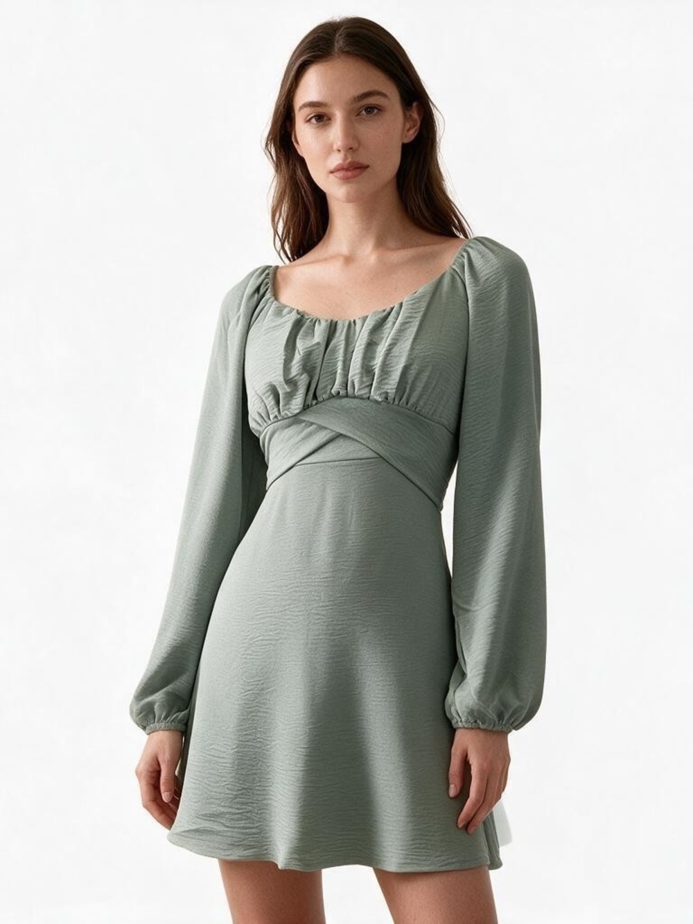 NWT Altar’d State Delilah Crossover Long Sleeve Mini Dress Sage Size Small